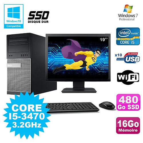 Lot PC Tour Dell 790 I5-3470 3.2Ghz 16Go 480Go SSD DVD WIFI Win 7 + Ecran 19" · Occasion