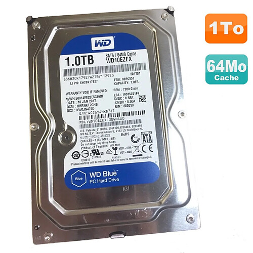 Western Digital Disque Dur 1To WD Blue SATA III 3.5" WD10EZEX-08WN4A0 SH20K17927 00PC551 64Mo · Occasion