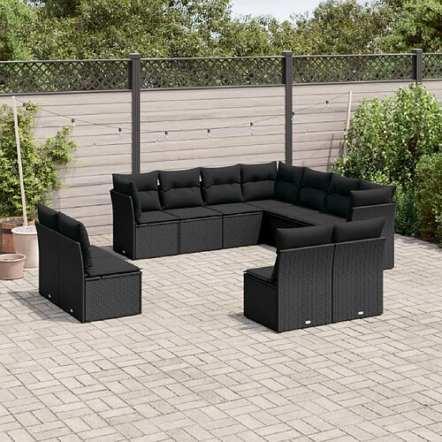 vidaXL Salon de jardin 11 pcs avec coussins noir résine tressée