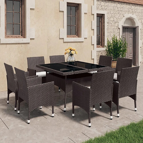 Salle à dîner de jardin 9 pcs,Table et chaise à manger Résine tressée et verre Marron -MN62506