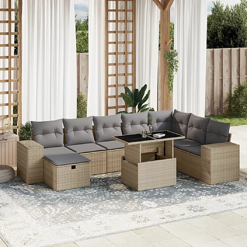 vidaXL Salon de jardin avec coussins 9 pcs beige résine tressée