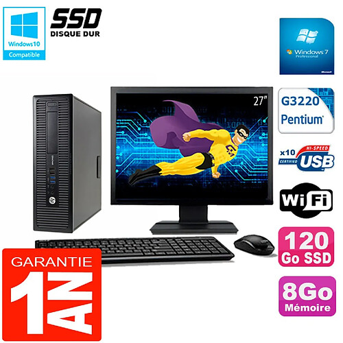 PC HP EliteDesk 800 G1 SFF Ecran 27" Intel G3220 8Go Disque 120 Go SSD Wifi W7 · Occasion