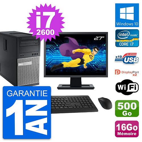 PC Tour Dell 9010 Ecran 27" Intel i7-2600 RAM 16Go Disque 500Go Windows 10 Wifi · Occasion