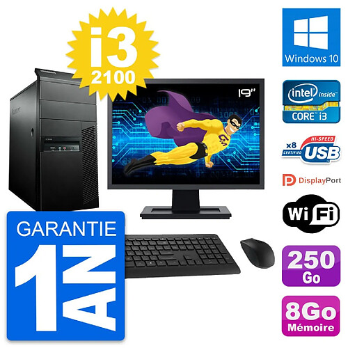 PC Tour Lenovo M91p Ecran 19" Intel i3-2100 RAM 8Go Disque 250Go Windows 10 Wifi · Occasion