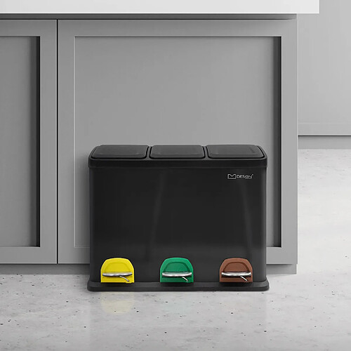 ML-Design Poubelle 45 litres noire trois compartiments de 15 litres chacun Mécanisme à pédale