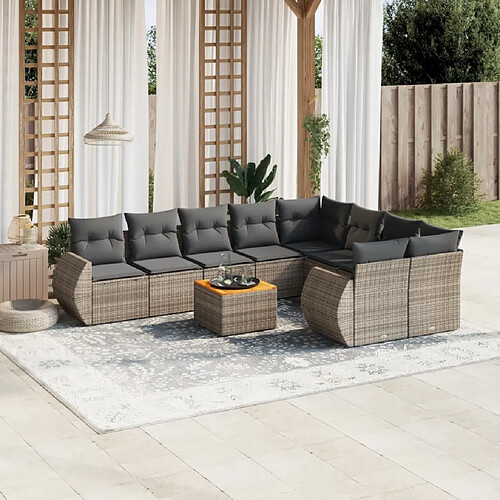 vidaXL Salon de jardin avec coussins 10 pcs gris résine tressée