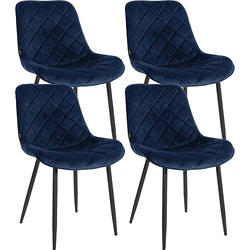 Decoshop26 Lot de 4 chaises de salle à manger en tissu velours confortable bleu pieds métal noir couture losange CDS10424