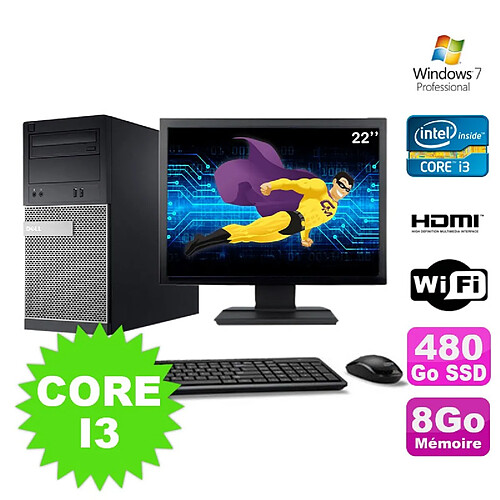 Lot PC Tour DELL 3010 MT I3-2120 Graveur 8Go 480Go SSD HDMI Wifi W7 + Ecran 22" · Occasion