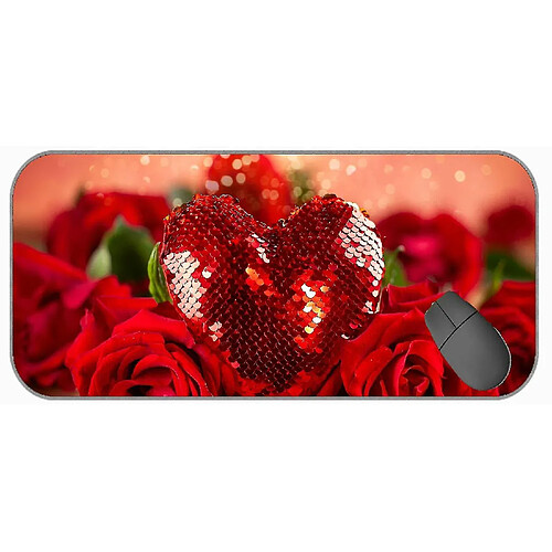 Universal (750x300x3) Tampon de souris de jeu avec bords cousus, coeur en forme de la Saint-Valentin Rose Fleur non glissée