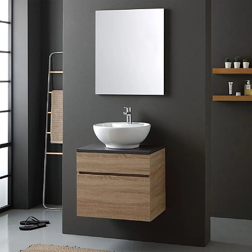 Kiamami Valentina MEUBLE DE SALLE DE BAIN EN CHÊNE ET PLAN EN BOIS ANTHRACITE AVEC LAVABO D'APPUI ROND | SOLE