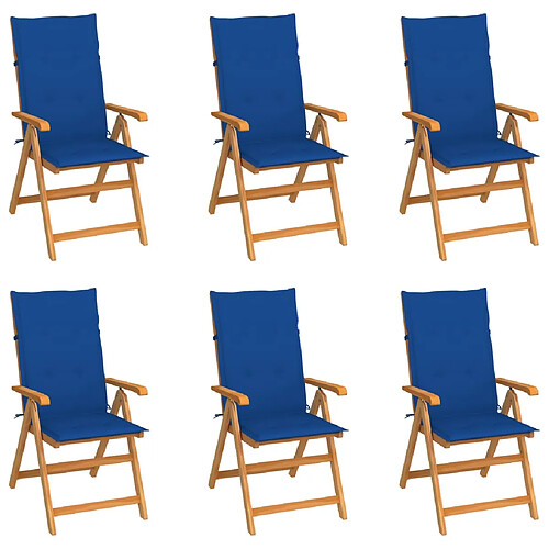 vidaXL Chaises de jardin lot de 6 avec coussins bleu royal Bois teck