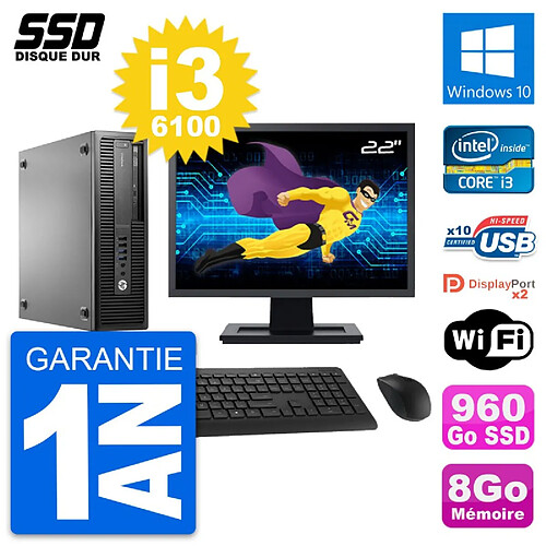 PC HP EliteDesk 800 G2 SFF Ecran 22" i3-6100 RAM 8Go SSD 960Go Windows 10 Wifi · Occasion