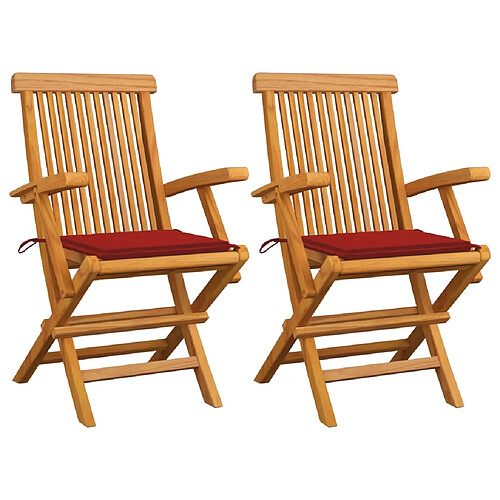 vidaXL Chaises de jardin et coussins rouge lot de 2 Bois teck massif