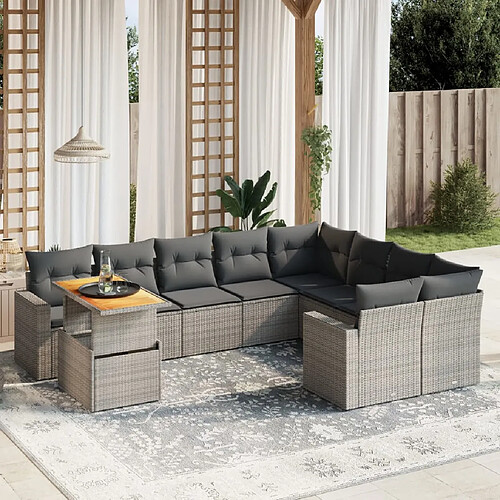 vidaXL Salon de jardin avec coussins 10 pcs gris résine tressée