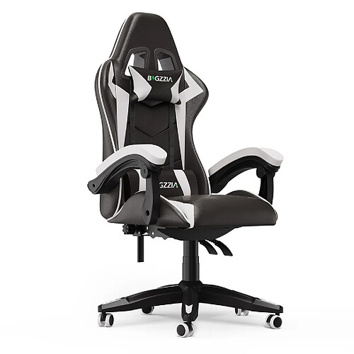 Chaise de jeu - chaise de jeu Rattantree- Fauteuil de jeu - Chaises gamer avec coussin lombaire et appui-tête - Réglable en hauteur - Fauteuil PU Racing - Blanc