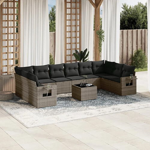 vidaXL Salon de jardin 11 pcs avec coussins gris résine tressée