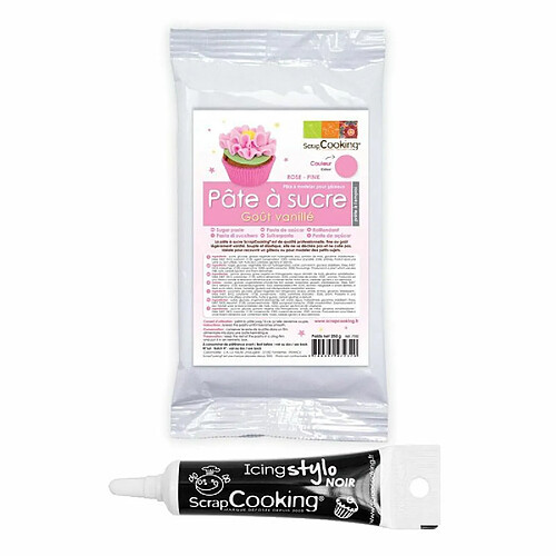 Scrapcooking Pâte à sucre rose 250 g + Stylo de glaçage noir