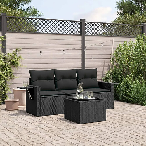 vidaXL Salon de jardin 4 pcs avec coussins noir résine tressée