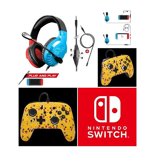 Power A Manette filaire SWITCH Pokémon Pikachu Moods Officielle Nintendo avec Câble USB détachable + CASQUE SWITCH ROUGE ET BLEU