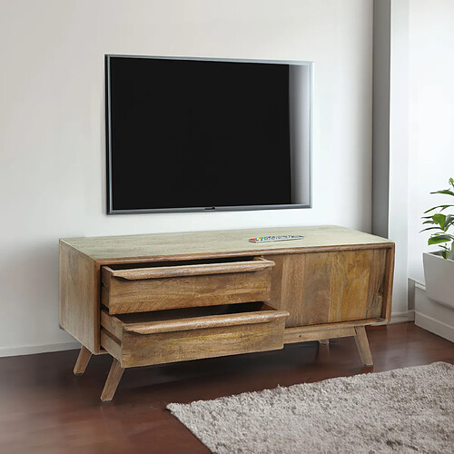 Mendler Meuble TV HWC-L96, Table de télévision Lowboard Commode Armoire, tiroirs en bois massif Mango 46x110x35cm