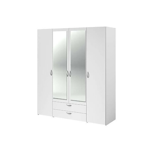 Youdoit Armoire à décor blanc 4 portes battantes + 2 miroirs + 2 tiroirs 160 x 51 x Hauteur 185 cm