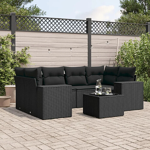 vidaXL Salon de jardin 7 pcs avec coussins noir résine tressée