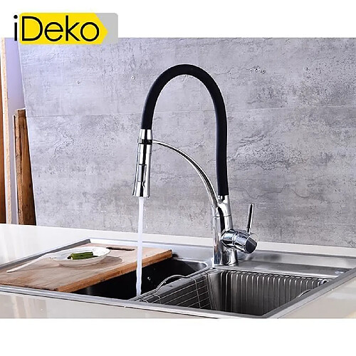 • iDeko®Robinet Cuisine mitigeur avec douchette Extractible en Silicone Noir Rabattable 360° Mitigeur pour Evier Chromé à Bras Rotat