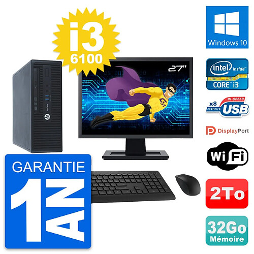 PC HP 400 G3 SFF Ecran 27" Intel i3-6100 RAM 32Go Disque 2To Windows 10 Wifi · Occasion