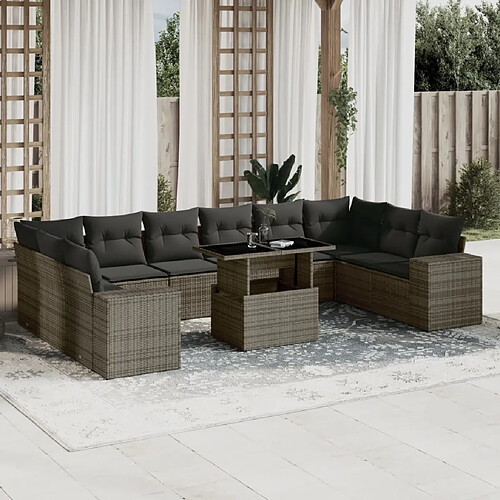 vidaXL Salon de jardin 11 pcs avec coussins gris résine tressée