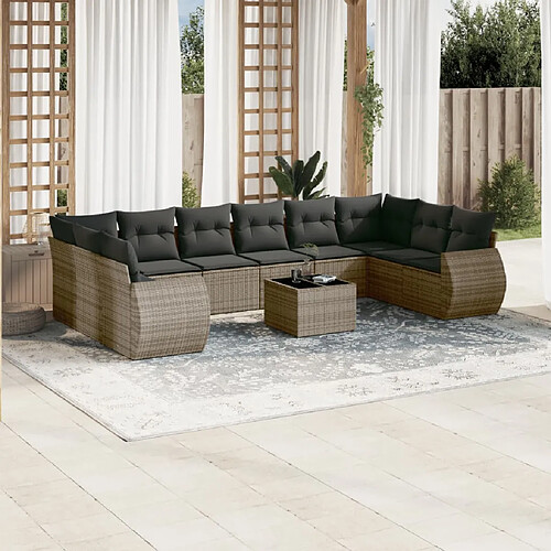 vidaXL Salon de jardin 11 pcs avec coussins gris résine tressée