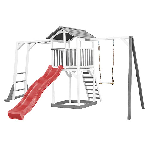 AXI Beach Tower Aire de Jeux avec Toboggan en Rouge, Cadre d'escalade, Balançoire & Bac à Sable | Grande Maison Enfant extérieur en Gris & BLANC | Cabane de Jeu en Bois FSC