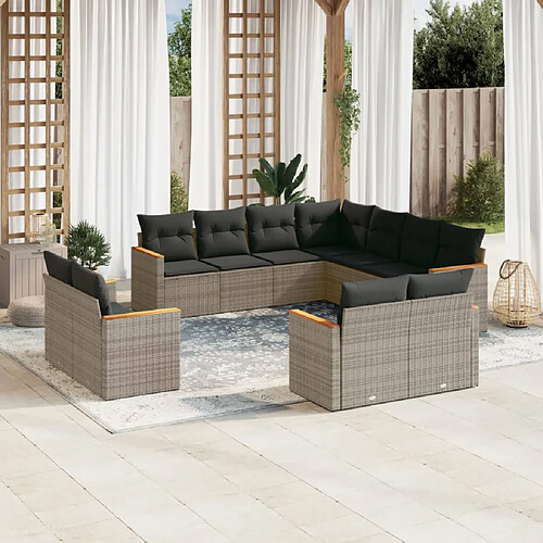 vidaXL Salon de jardin 11 pcs avec coussins gris résine tressée