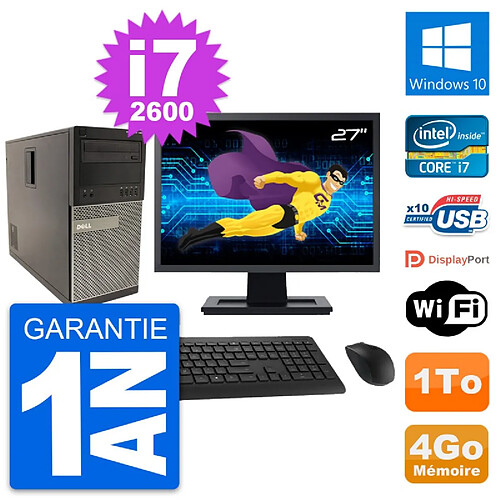 PC Tour Dell 790 MT Ecran 27" Intel i7-2600 RAM 4Go Disque 1To Windows 10 Wifi · Occasion