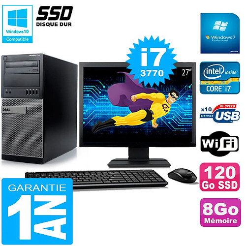 PC Tour DELL 7010 Ecran 27" Core I7-3770 RAM 8Go Disque 120 Go SSD Wifi W7 · Occasion