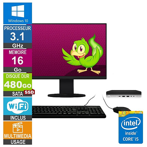 HP 800 G3 Mini i5-6500T 3.10GHz 16Go/480Go SSD Wifi W10 + Ecran 19 · Reconditionné