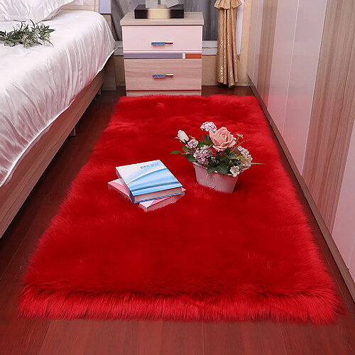 LUUCOZK Tapis moelleux en fausse fourrure, tapis à poils longs pour chambre à coucher, salon, rouge-150x150 carré