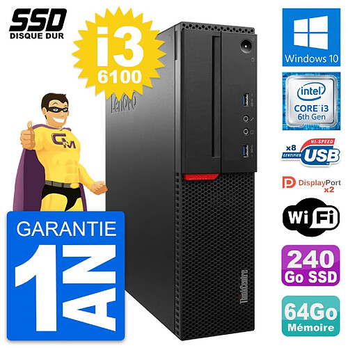 PC Lenovo ThinkCentre M800 SFF Intel i3-6100 RAM 64Go SSD 240Go Windows 10 Wifi · Occasion