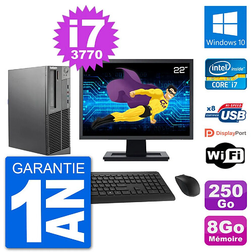 PC Lenovo M92p SFF Ecran 22" Intel i7-3770 RAM 8Go Disque 250Go Windows 10 Wifi · Occasion