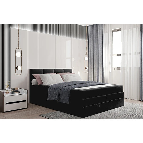 TRADA Lit adulte rembourré PRADO avec rangement et matelas ressorts ensachés 160x200 noir