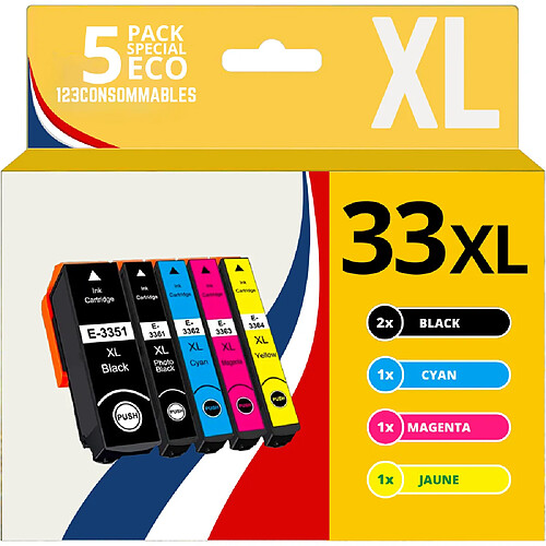 123CONSOMMABLES - 33XL - Pack 5 Cartouches d'encre Compatible pour Epson 33 XL pour Expression Premium XP-540 XP-530 XP-830 XP-7100 XP-900 XP-640 XP-630 XP-635 XP-645