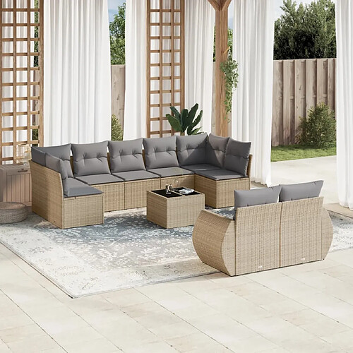 vidaXL Salon de jardin avec coussins 10 pcs beige résine tressée