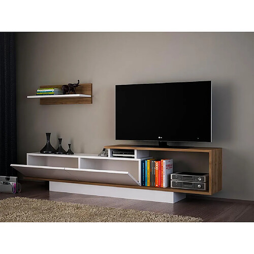 Vente-Unique Ensemble TV avec rangements - Naturel et blanc - RANEBI II