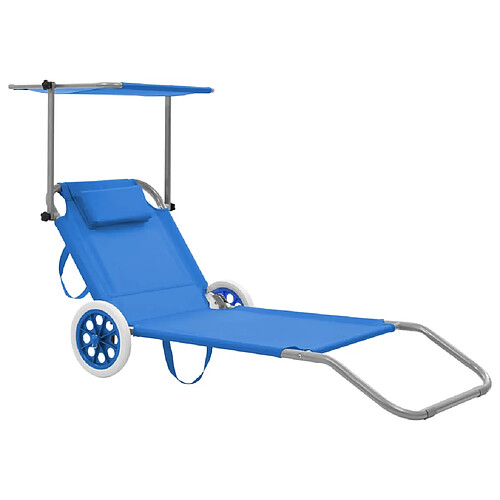 vidaXL Chaise longue pliable avec auvent et roues Acier Bleu