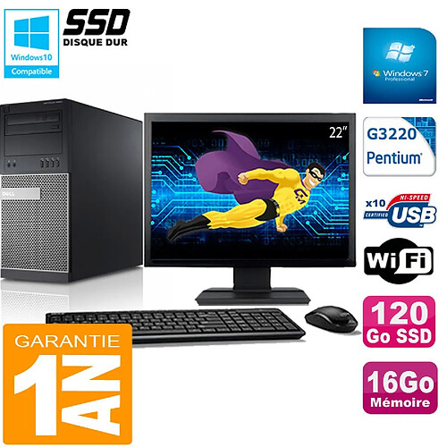 PC Tour DELL 9020 Intel G3220 Ram 16Go Disque 120 Go SSD Wifi W7 Ecran 22" · Occasion