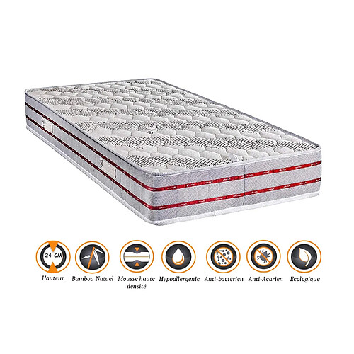 Nuits D'Or Matelas Tissu Bambou Naturel 180x200 x 24 cm + Protège Matelas + Oreiller Visco - Confort Ferme - Ame Poli Lattex Haute Densité - hypoallergénique