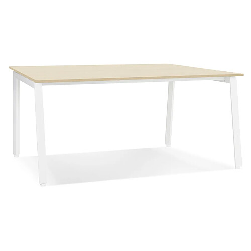 Alterego Table de réunion / bureau bench 'AMADEUS SQUARE' en bois finition naturelle et métal blanc - 140x140 cm