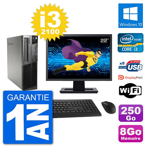 PC Lenovo M91p SFF Ecran 22" Intel i3-2100 RAM 8Go Disque 250Go Windows 10 Wifi · Occasion