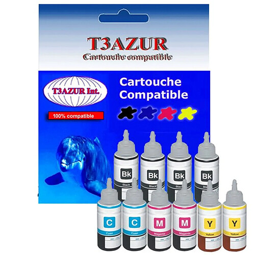 Set de 10 bouteilles encre compatibles pour Epson EcoTank ET2600, ET2610, ET2650 - T3AZUR