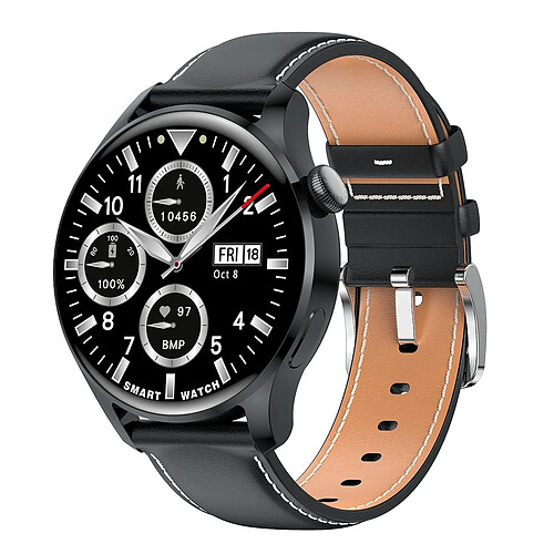 Yonis Montre Connectée IP67 Étanche Cardio Sommeil Bluetooth Musique Cuir Brun