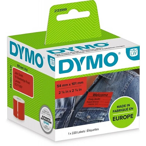 Grandes étiquettes DYMO LW pour adresses et badges nominatifs 101x54mm noir sur fond rouge rouleau de 220 étiquettes